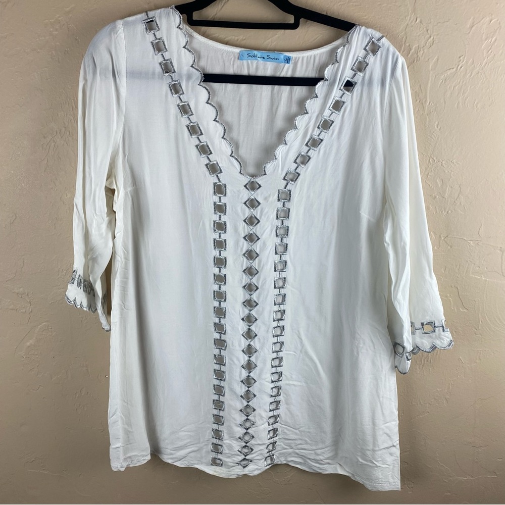 Solitaire Swim White Silver Cutout Beach Coverup Top Scalloped Edge Large